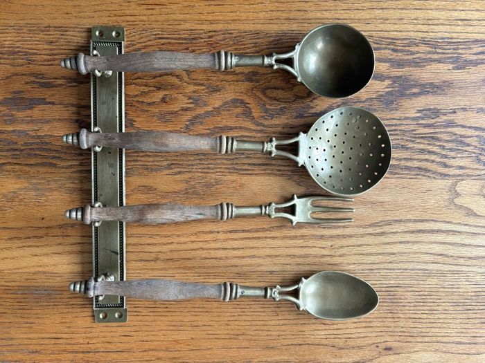 French vintage solid brass and wooden kitchen utensils