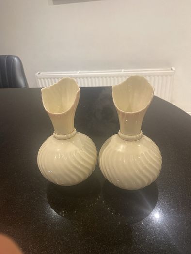 Pair of Beleek Irish wear vases  with a pale pink trim