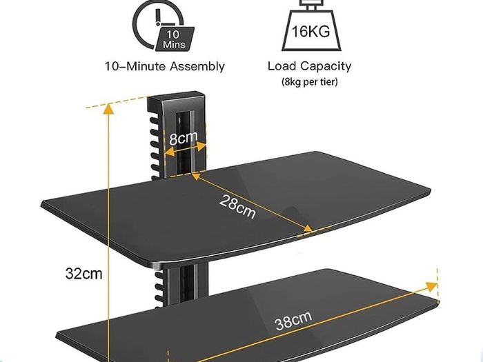 Floating Shelf Wall bracket with Strengthened Tempered Glass for DVD Players/Cable Boxes/Games Consoles/TV Accessories, 2 Shelves, Black (FREE SHIPPING)