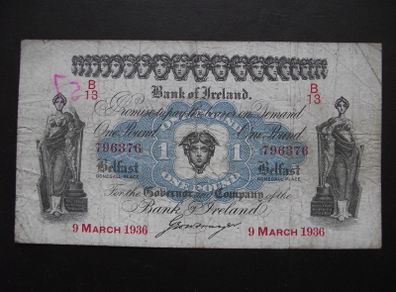 1936 Bank of Ireland 1 Pound. Belfast branch.