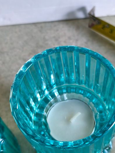 Double Sided Blue Ribbed Candlestick/Tealight Holders- Set of 2.