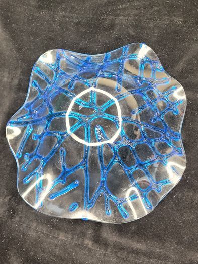 Studio Art Glass Coral Network Bowl Signed Blue Fused Glass Centerpiece