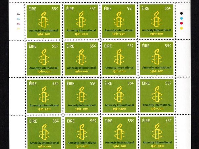 2011 Ireland 50th Anniversary of Amnesty International Commemorative Stamp Sheetlet Plate 1A1A1A1A Mint Never Hinged (MNH)