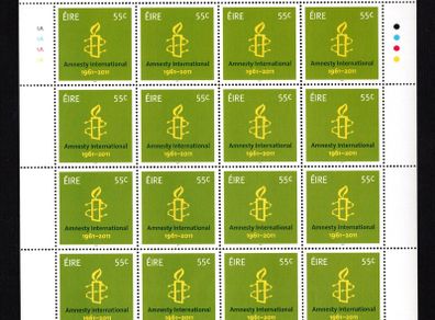 2011 Ireland 50th Anniversary of Amnesty International Commemorative Stamp Sheetlet Plate 1A1A1A1A Mint Never Hinged (MNH)