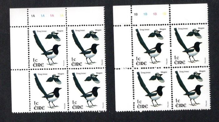 2002-04 Ireland Tenth Definitive Stamp Series Birds 1c Magpie Plate Block 1A1A1A1A & 1B1B1B1B Mint Never Hinged (MNH)