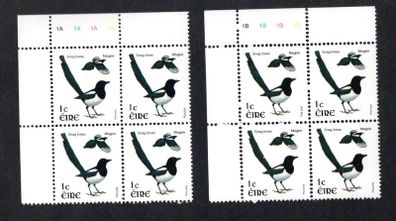2002-04 Ireland Tenth Definitive Stamp Series Birds 1c Magpie Plate Block 1A1A1A1A & 1B1B1B1B Mint Never Hinged (MNH)