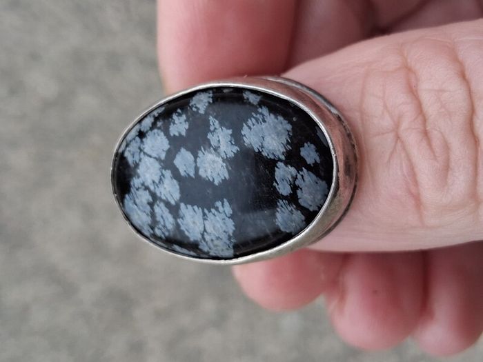 Midcentury Snowflake Obsidian Sterling Silver Ring