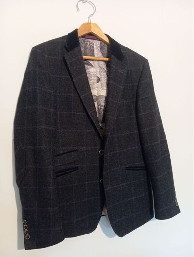 HERBIE FROGG Mens Tweed Blazer Blue Check Abraham Moon Wool Jacket 40R Velvet