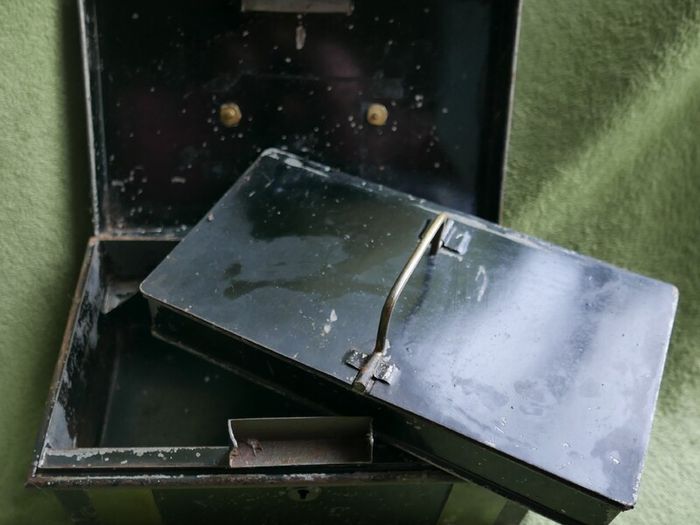 Vintage Black Metal Cash Box Document Tin Black Metal Tin Office Metal Box Supplies Office