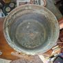 Antique Copper Cauldron, circa 19th to early 20th century. It features prominent riveted iron handles on each side and displays an authentic verdigris patina,. Postage Available Image 4