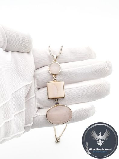 925 Vintage Sterling Silver Rose Quartz & Mother Of Pearl Necklace