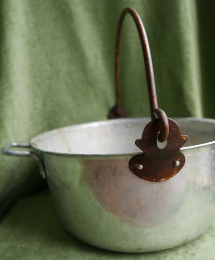 Vintage Aluminium Metal Handled Cooking Pot , Rustic Jam Pan Farmhouse Decor