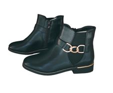 Black Women's Ankle Boots Gold Chain On The Side Gold Studs On The Edge Elastic On The Side, size 39