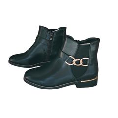 Black Women's Ankle Boots Gold Chain On The Side Gold Studs On The Edge Elastic On The Side, size 39