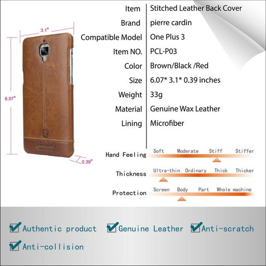 Pierre Cardin Genuine Leather Cover Hard Back Case For One Plus 3/3T