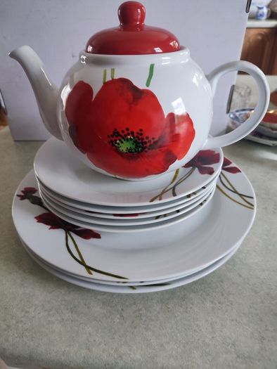 Rayware Alpine Poppy Teapot plus 5 Aynsley dessert plates and 3 dinner plates BREEZE everyday use.