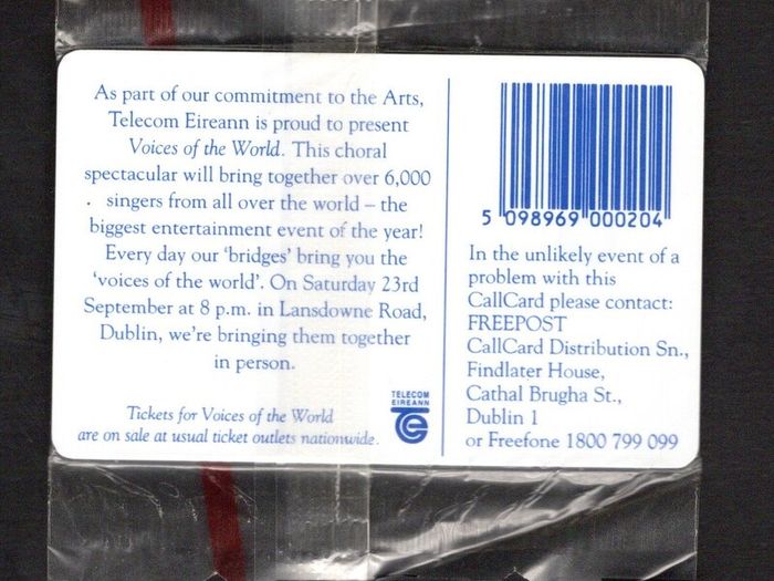 1995 Ireland 20 unit Voices of the World - choral spectacular (Schlumberger SC7) Call Card Mint in packaging