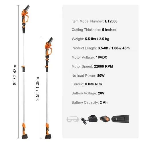 2-in-1 Cordless Pole Saw & Mini Chainsaw, 20V 2Ah Battery Pole Chainsaw, 12.7cm Cutting Capacity 243.8 cm Reach Pole Saw for Branch Cutting & Tree