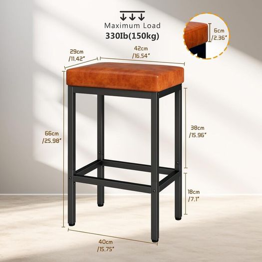 Bar Stools Set of 2, 66 cm Bar Stools, Bar Stools Caramel Brown Leather, 6 cm Thick Cushion Bar Chair, Kitchen Chairs with Metal Frame, Bar Chairs for Kitchen