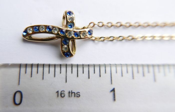 Vintage Gold Plated and Blue Austrian Crystal Cross Necklace length 16"