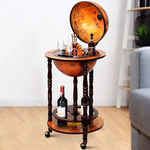 Globe Bar, Globe Bar Made of Eucalyptus, World Globe Bar Trolley with Wheels, Retro Home Bar, Mini Bar for Wine Glasses and Wine Bottles (Brown)
