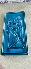 Vintage Sanmyro Japan Praying Child Wall Plaque , Glazed Ceramic Religious Art