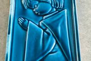 Vintage Sanmyro Japan Praying Child Wall Plaque , Glazed Ceramic Religious Art