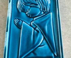 Vintage Sanmyro Japan Praying Child Wall Plaque , Glazed Ceramic Religious Art