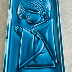 Vintage Sanmyro Japan Praying Child Wall Plaque , Glazed Ceramic Religious Art