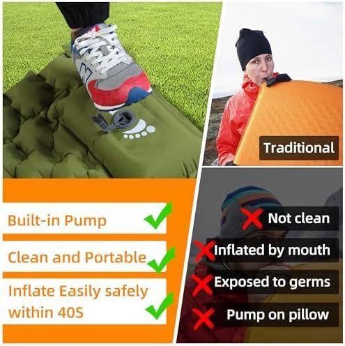 Waterproof Lightweight Camping Sleeping Pad Foot Press Inflatable Pad Air Mattress with Pillow for Backpacking, Hiking, Camping, Traveling (Green)