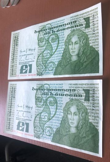 Two irish one pound punt notes