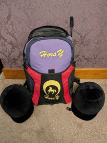 Horse riding bag and 2 helmets