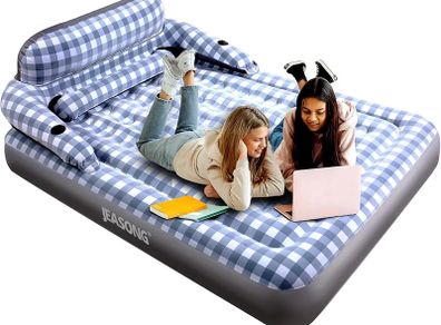 Air Mattress with Headboard, Fast Inflation/Deflation Inflatable Airbed, 9 Inches High Blow Up Bed with Comfortable Flocked Top for Home Guest Travel Camping (PLAID)