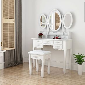 BRAND NEW 7 Drawers Retro Carved Dressing Table With Stool,Tri-Fold,Adjustable Makeup Mirrors,Europe Style Bedroom Furniture