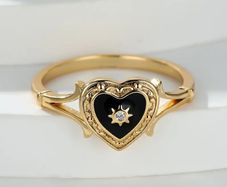 Heart Black Enamel Gold Tone Ring