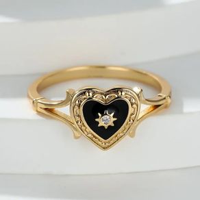 Heart Black Enamel Gold Tone Ring