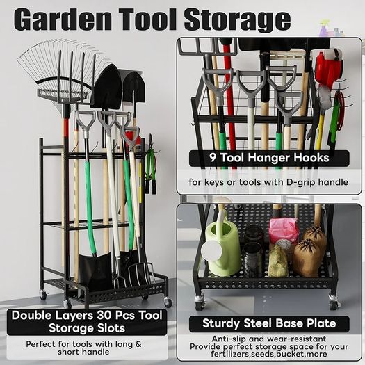 Garden Tool Tower Storage Rack 360 Rotating Garden Tool Holder Stand Storage Organizer Shelf with 6 Wheels Heavy Duty Rolling Tool Cart for Lawn Garage Shed Workshop Patios