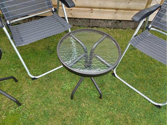 Set of x2 Garden Chairs and x2 Small Glass Top Tables
