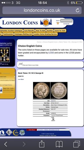 Rare Bank Token 1/6 George III 1814