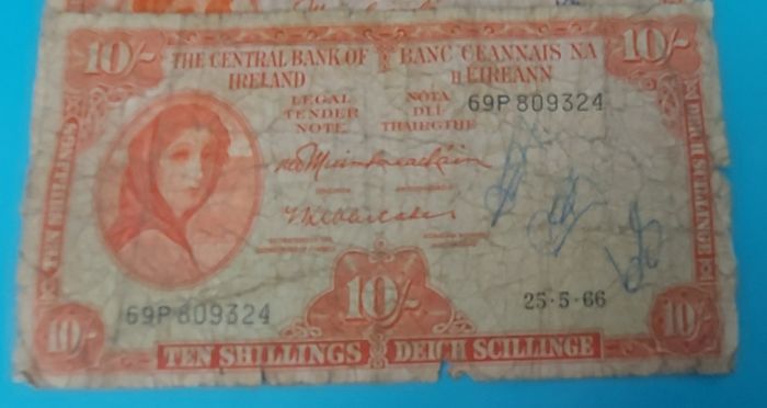 Irish 1966 &68 X 5 Lavery ten shilling banknote in used condition