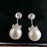 Vintage 14k Solid White Gold Round Bead Cultured Pearl Diamond Earrings 3,37g Image 3