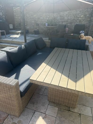 10 seater rattan garden set with dark navy cushions