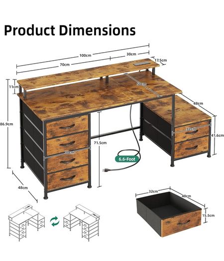 128cm Desk with Fabric File Cabinet, Computer Desk with Shelves and Drawers