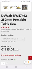 Dewalt dw7492 250mm table saw 230v