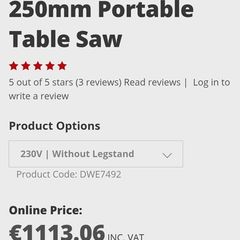 Dewalt dw7492 250mm table saw 230v