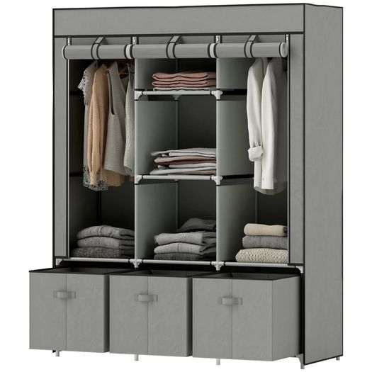 Foldable Fabric Wardrobe for Bedroom, Portable Wardrobe with 5 Shelves, 2 Hanging Rails and 3 Fabric Drawers, Light Grey