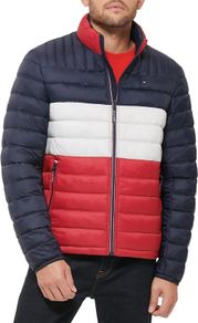Tommy Hilfiger Men's Waterproof Ultra Loft Down Alternative Puffer Jacket, Midnight/Ice/Red Colorblock, XXL