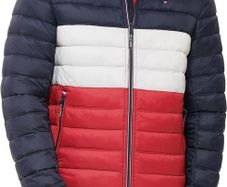 Tommy Hilfiger Men's Waterproof Ultra Loft Down Alternative Puffer Jacket, Midnight/Ice/Red Colorblock, XXL