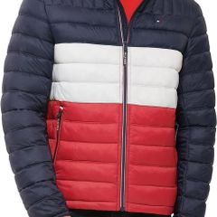Tommy Hilfiger Men's Waterproof Ultra Loft Down Alternative Puffer Jacket, Midnight/Ice/Red Colorblock, XXL