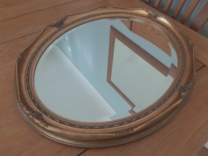 Vintage Ornate Gold Gilt Wood Oval Mirror. Bevelled Glass. 50cm x 60cm